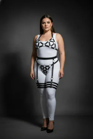 Plus Size Black Women's Leather Look Harness Set with Garter