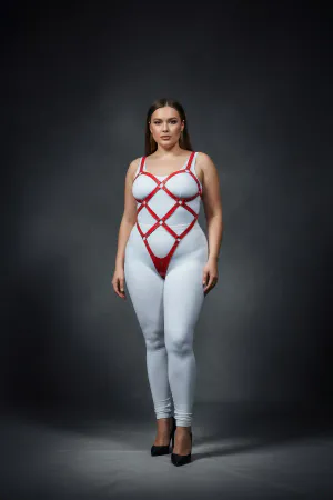 Plus Size Red Women's Leather Full Body Harness Suit Ring Detailed Body Accessory - APFT542