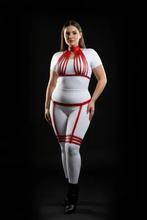 Plus Size Red Women's Leather Harness Set with Sexy Garter Detail - APFT552