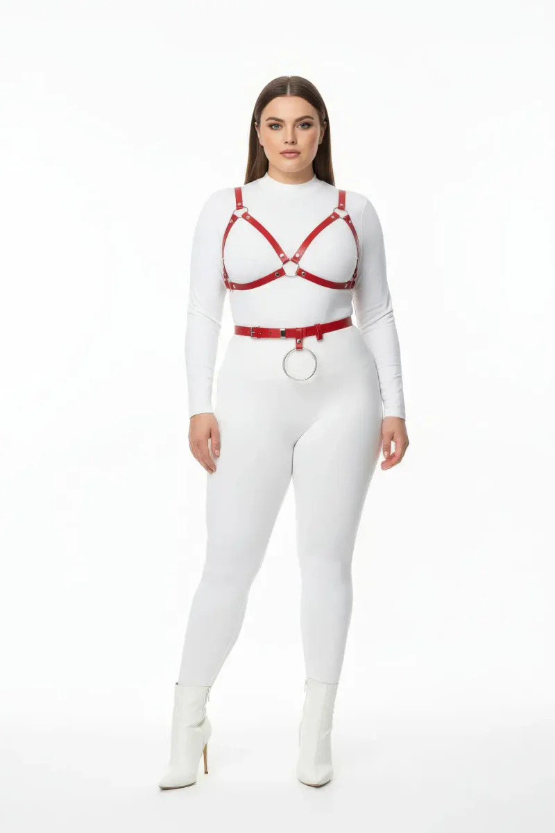 Red Vegan Leather Chest Harness and Waist Belt Set with Silver O-Rings on model