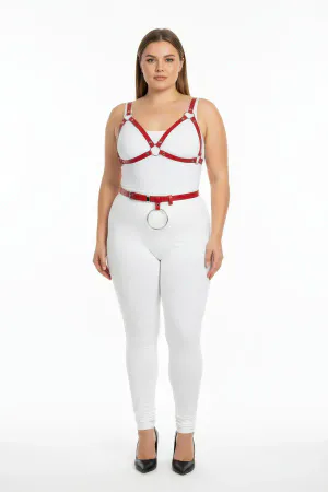Plus Size Red Women's Leather Harness Set Ring Detailed Bra Belt Combination - APFT651