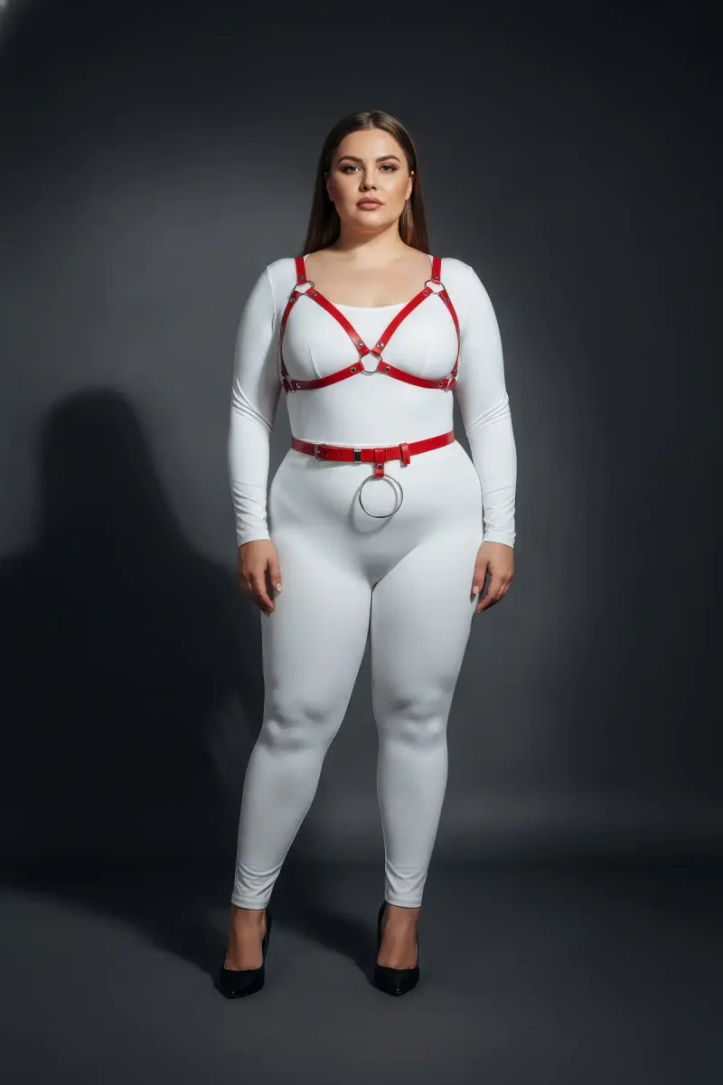 Red Chest Harness Outfit Close-Up Silver