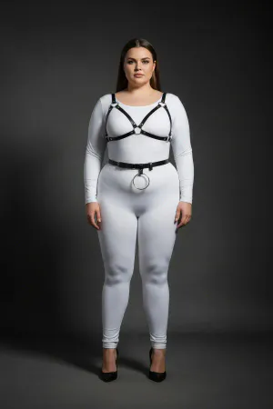 Plus Size Black Women's Leather Harness Set Fancy Body Accessory with Ring Detail - APFT651