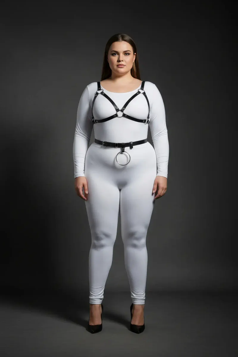 Plus Size Black Women's Leather Harness Set Fancy Body Accessory with Ring Detail - APFT651