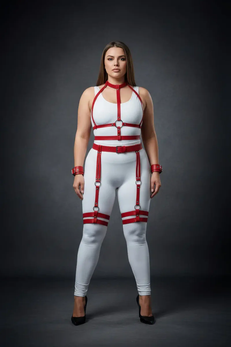 Plus Size Red Women's Harness Set with Garter and Ring Detail - APFT697