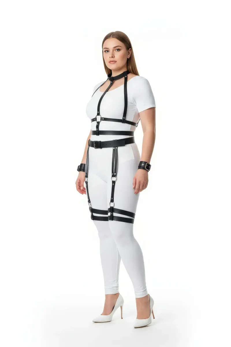 Black Faux Leather Full Body Harness Set with Thigh Garters and Wrist Cuffs
