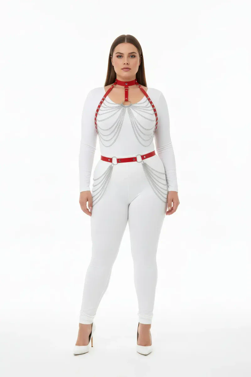 Red Faux Leather Body Harness Draped Chains Plus Size Model