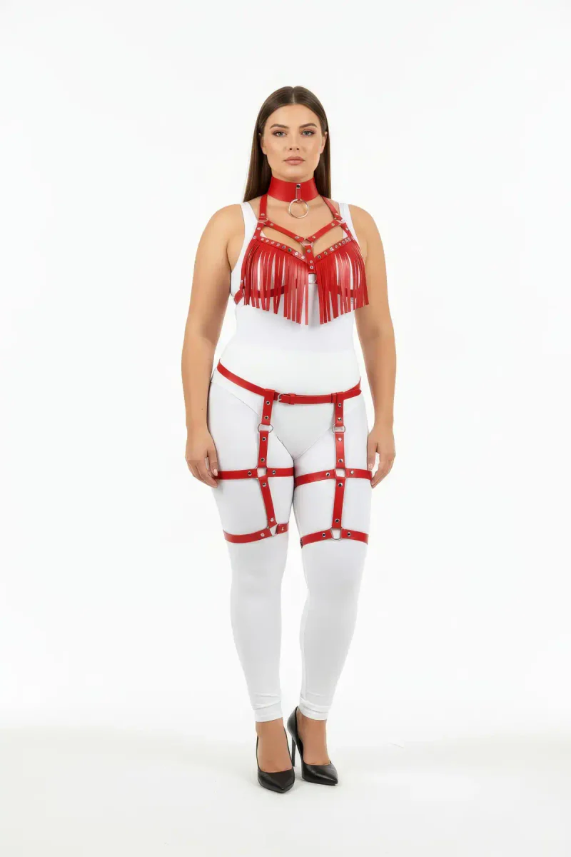 Red Faux Leather Fringe Harness Bra