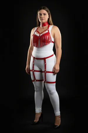 Plus Size Red Women's Leather Harness Suit with Tassel Detail and Garter - APFT715