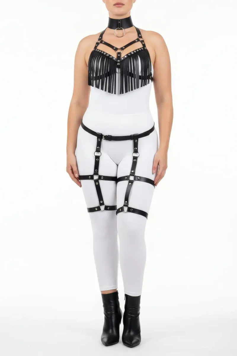 Plus Size Black Women's Harness Suit Tasseled Leather Look Garter Fancy Accessory - APFT715