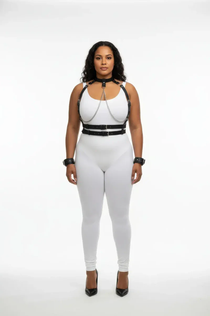 Black Vegan Leather Choker Body Harness with Chains and Wrist Cuffs on a plus-size model