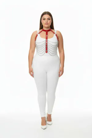 Plus Size Red Women's Harness Suit Chain Detailed Leather Body Accessory - APFT721