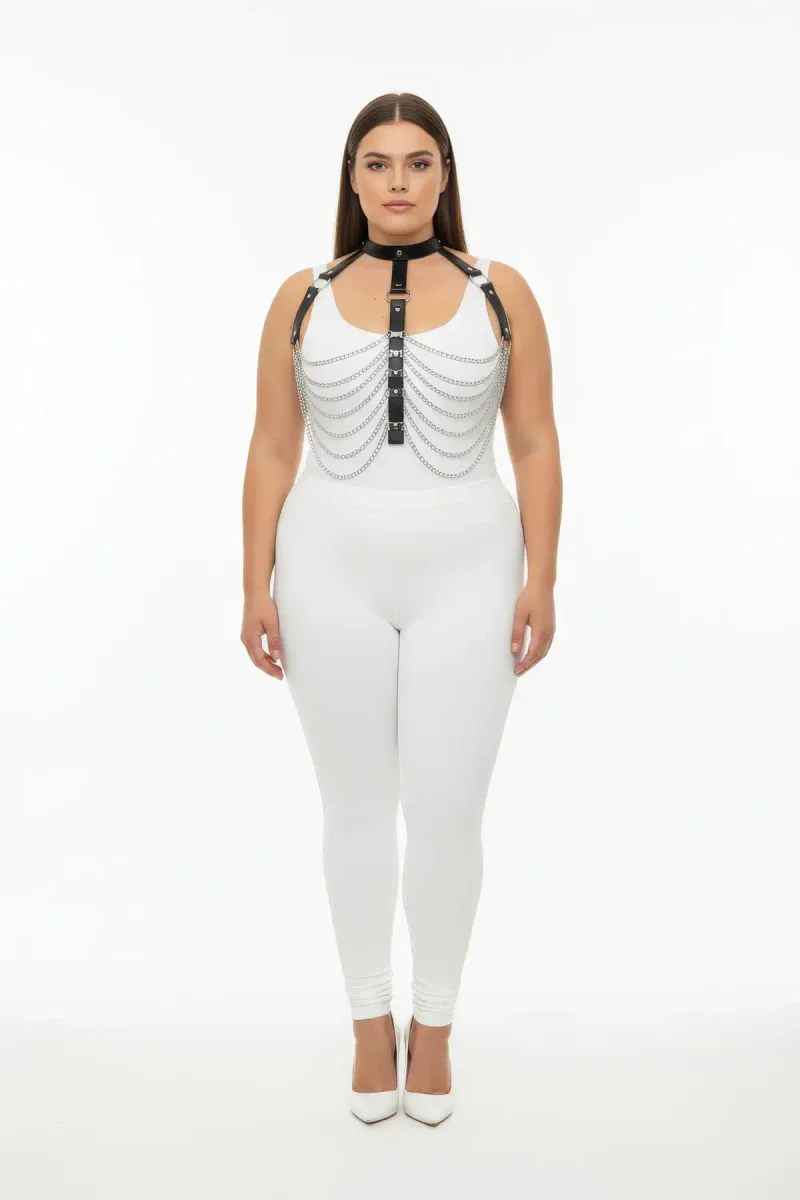 Black faux leather body harness with collar featuring layered silver chains across the chest