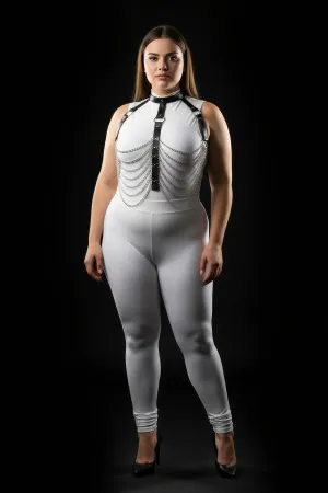 Plus Size Black Women's Harness Set Leather Body Accessory with Chain and Ring Detail - APFT721