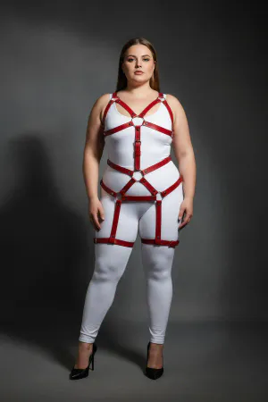 Plus Size Red Women's Leather Harness Suit with Garter Body Accessory - APFT750