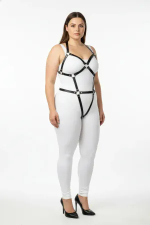 Plus Size Black Women's Full Body Leather Harness Set with Ring Detail Fancy Accessory - APFT759