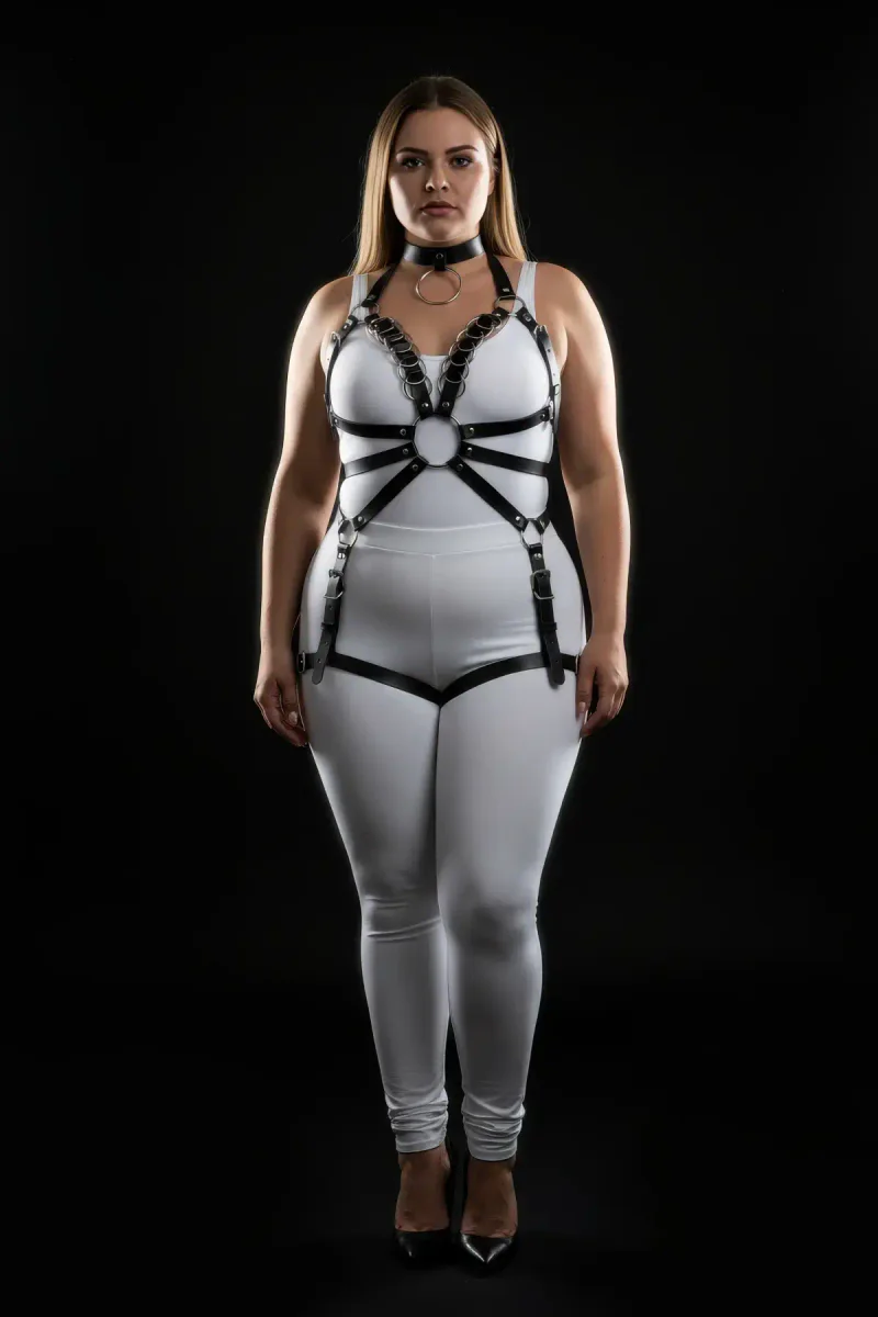 Plus Size Black Leather Body Harness Suit for Women