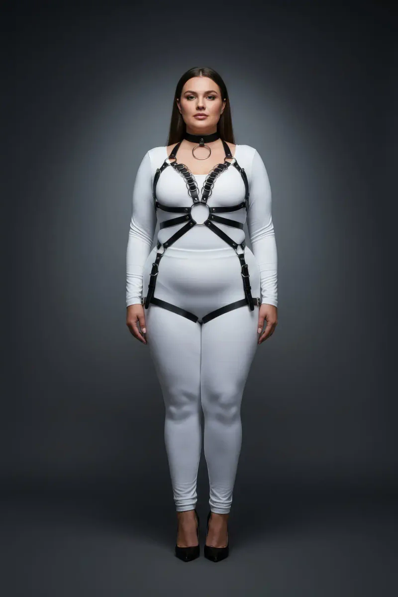 Plus Size Black Leather Body Harness Suit for Women