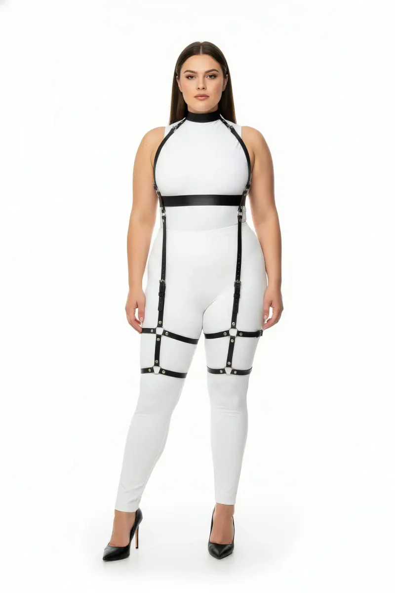 Black Faux Leather Full Body Harness with Halter Neck and Thigh Garters