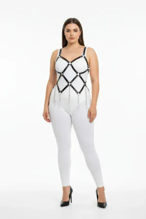 Plus Size Black Women's Harness Suit with Chain Detail, Striking Design - APFT950