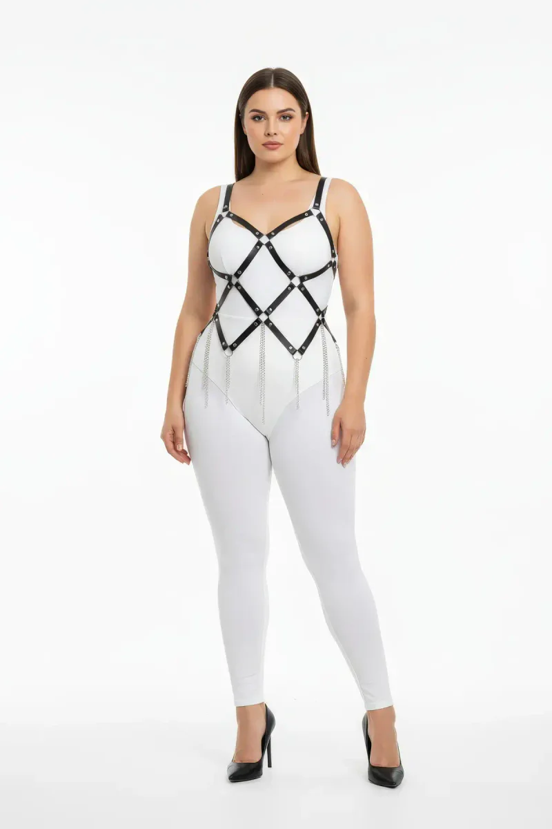 Plus Size Black Women's Harness Suit with Chain Detail, Striking Design - APFT950