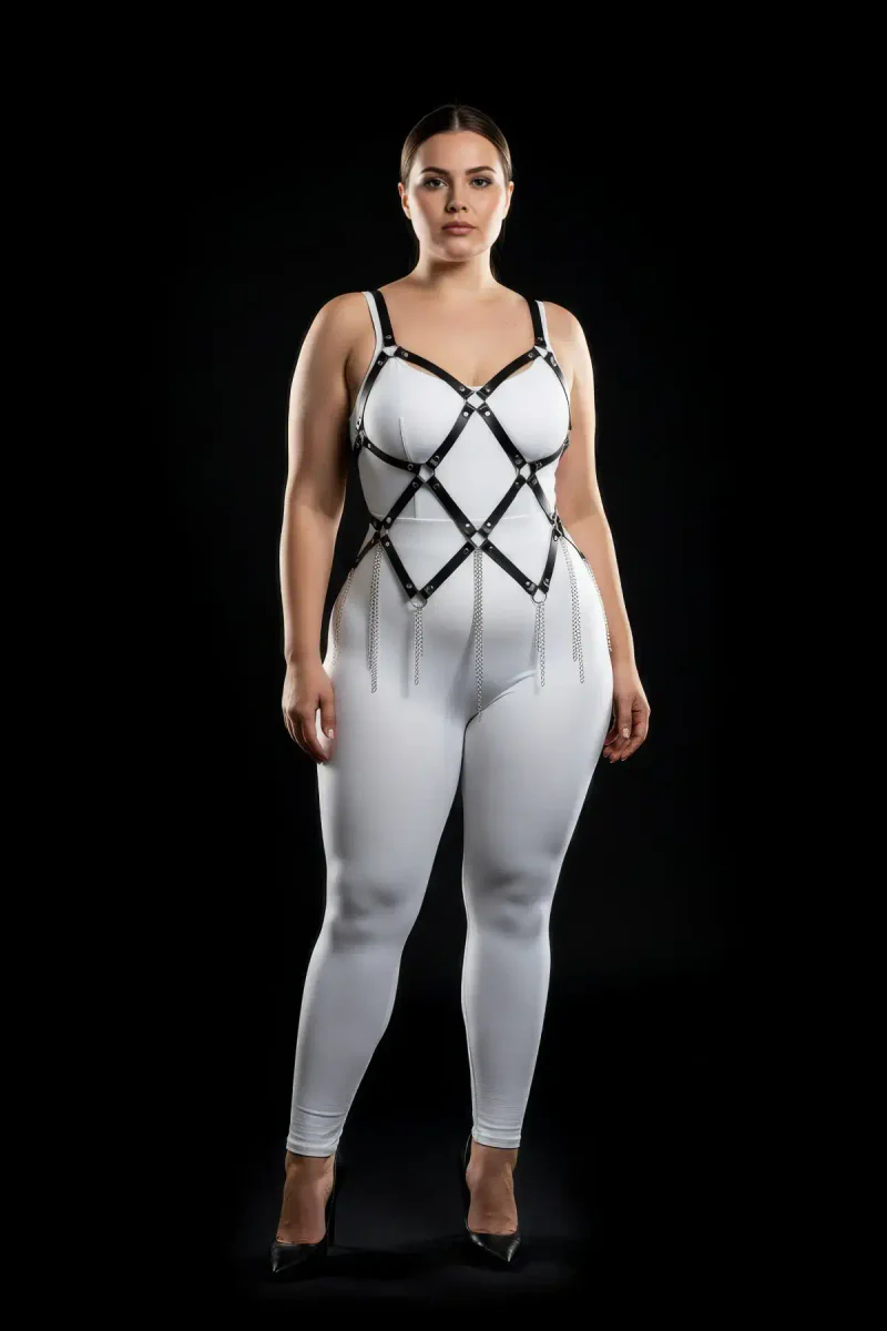 Plus Size Black Women's Harness Suit with Chain Detail, Striking Design - APFT950
