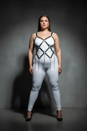 Plus Size Black Women's Harness Suit with Chain Detail, Striking Design - APFT950