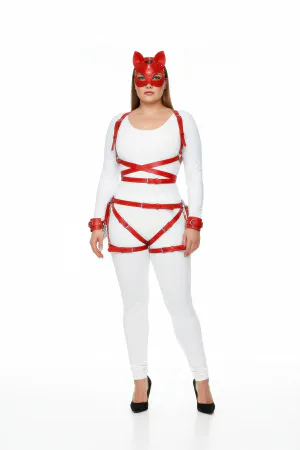 Plus Size Red Women's Leather Harness Suit Body Cross Lacing Fancy Accessory - APFT1036