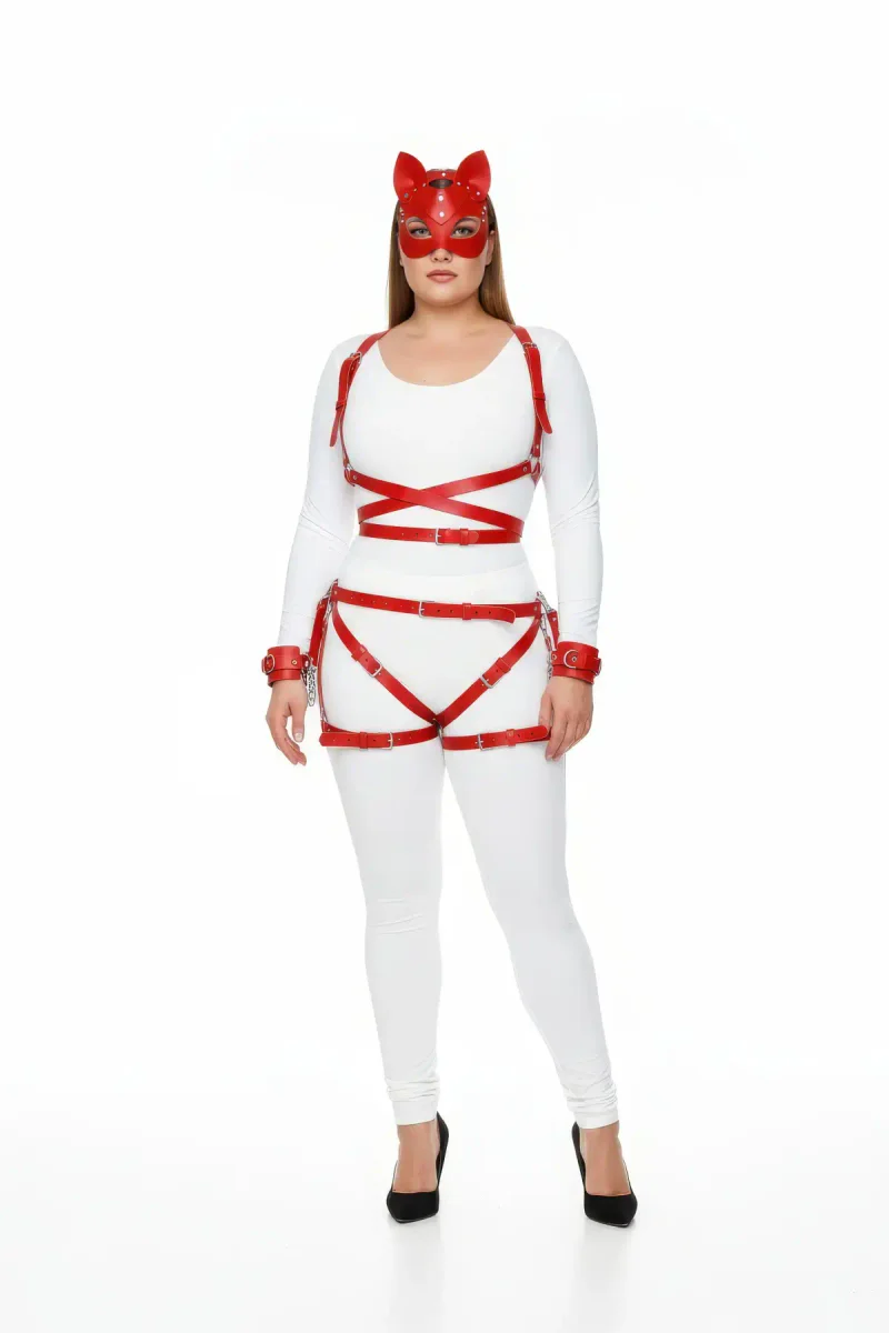 Plus Size Red Women's Leather Harness Suit Body Cross Lacing Fancy Accessory - APFT1036