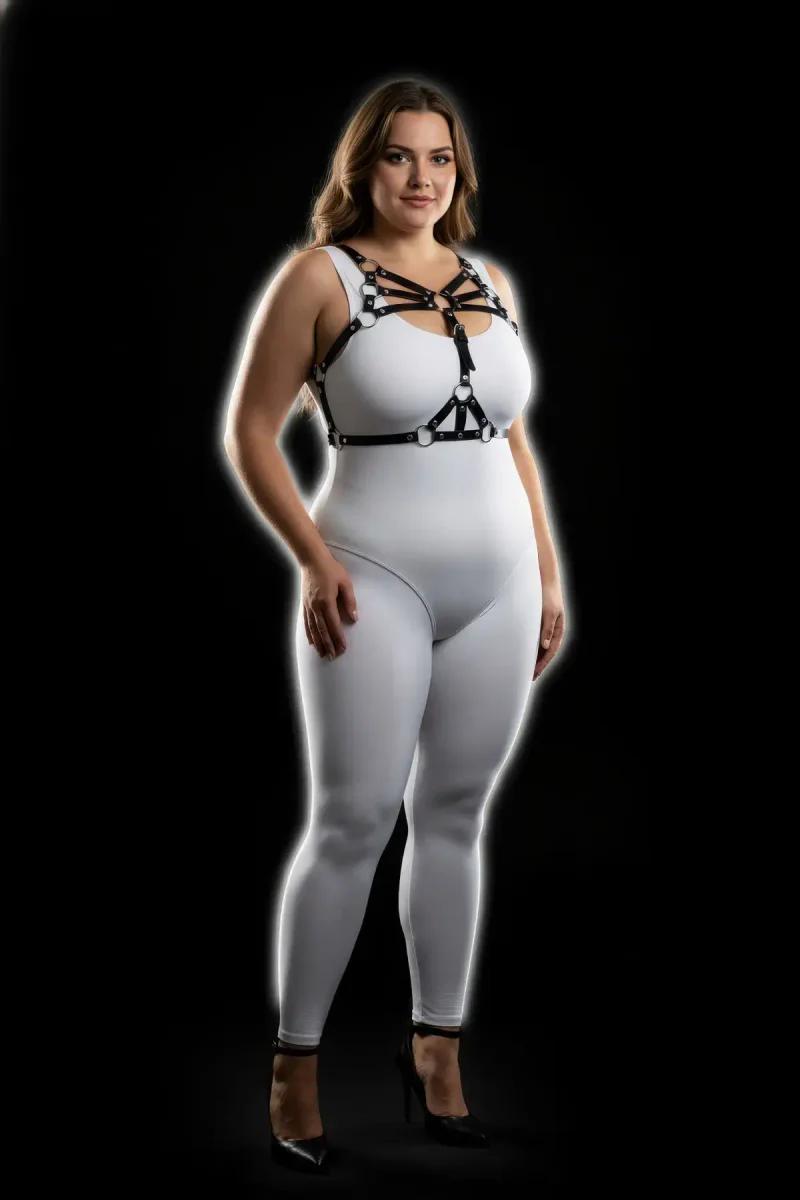 Plus Size Black Women's Harness Set Sexy Body Accessory with Ring Detail - APFT1053