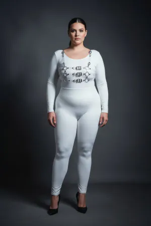 Plus Size White Women's Harness Set with Leather Look Buckle Detail - APFT1058