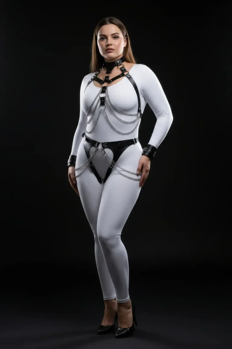 Black Faux Leather Full Body Harness Choker Chains Silver Hardware