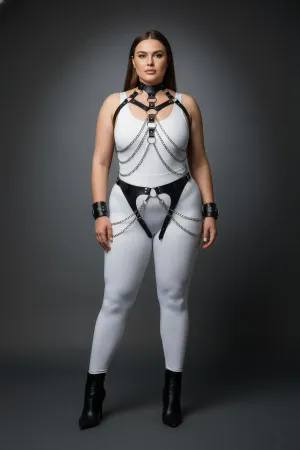 Plus Size Black Women's Harness Suit Chain Detailed Leather Fancy Accessory - APFT1067