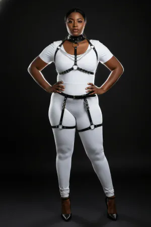 Plus Size Black Women's Leather Harness Suit with Chain and Ring Detail and Garter - APFT1081