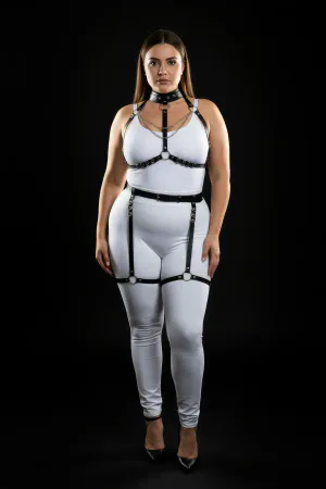Plus Size Black Women's Leather Harness Suit Chain Detailed Fancy Accessory - APFT1081