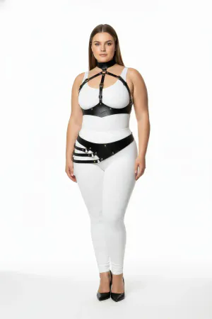 Plus Size Black Women's Leather Harness Suit Body Belt Detailed Fancy Accessory - APFT1139