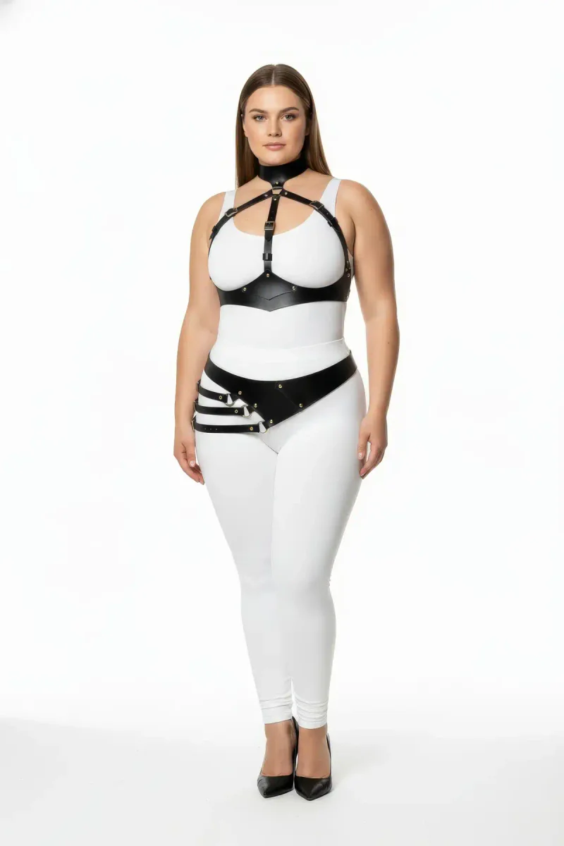 Black Vegan Leather Body Harness Front View Adjustable