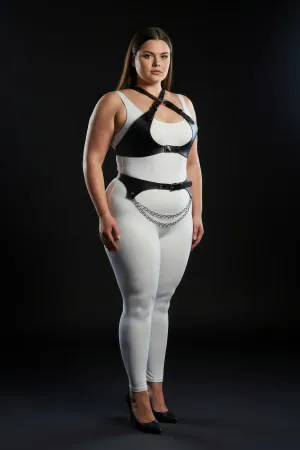 Plus Size Black Women's Harness Suit Chain Detailed Leather Look Accessory - APFT1164