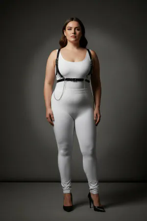 Plus Size Black Women's Leather Harness Suit Chain Detailed Stylish Accessory - APFT1176