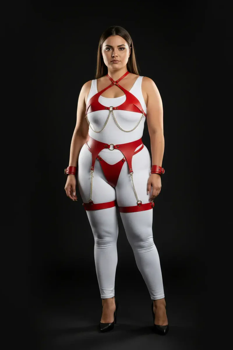 Red Vegan Leather Harness Set