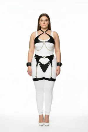 Plus Size Black Women's Harness Suit with Chain Detail and Garter - APFT1219
