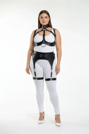 Plus Size Black Women's Full Body Leather Harness Suit with Garter Detail Special Design - APFT1231