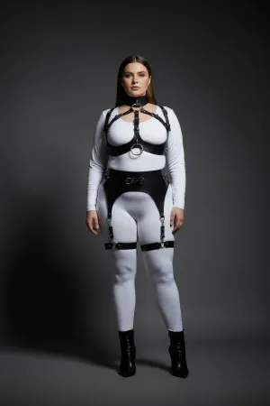 Plus Size Black Women's Full Body Leather Harness Suit with Garter Detail Special Design - APFT1231
