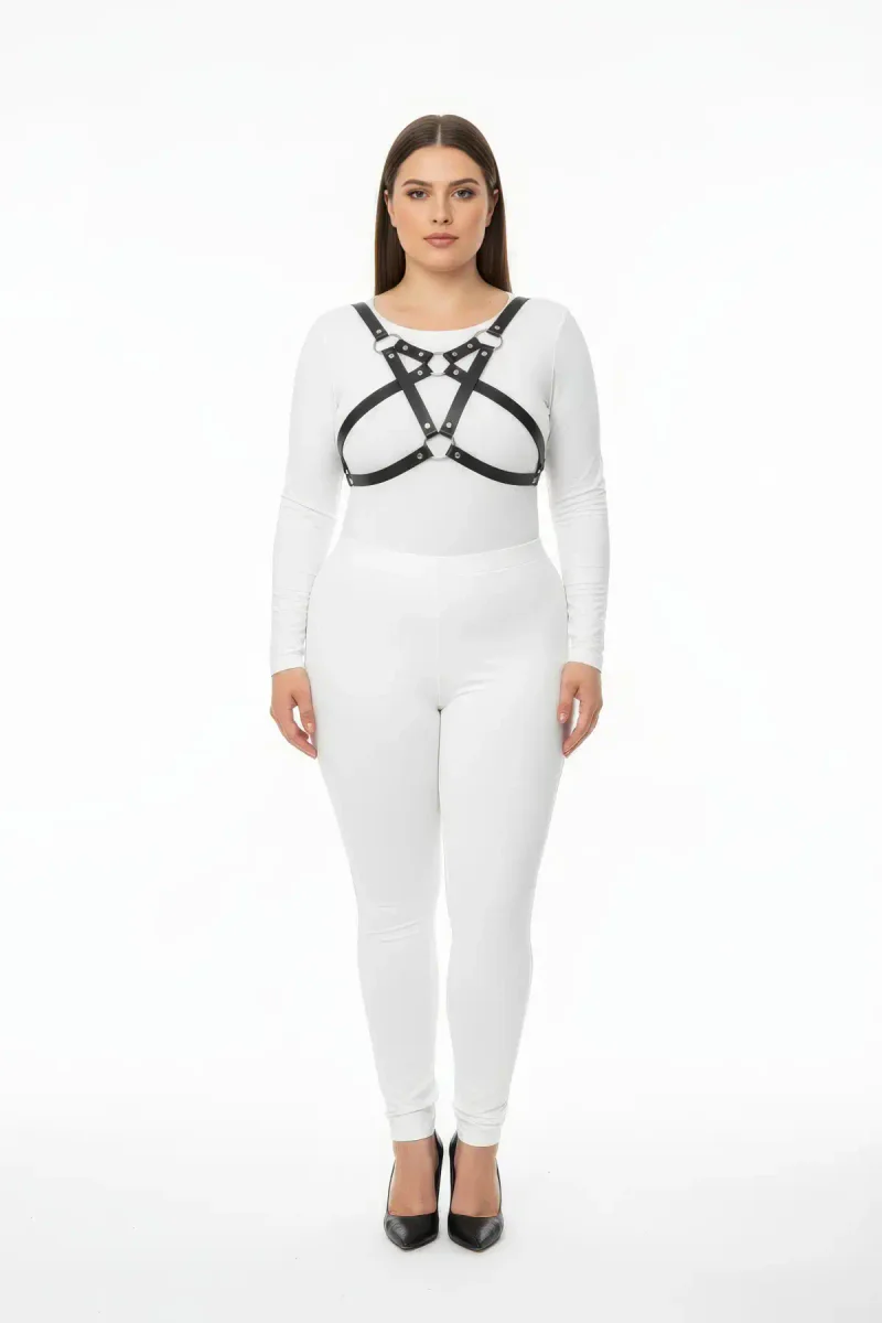 Black strappy chest harness O-ring detail on white bodysuit