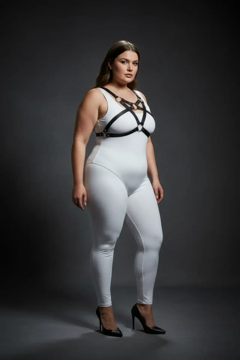 Side profile of plus-size model wearing black chest harness with O-ring detail