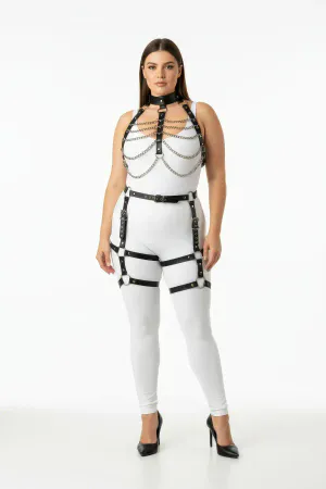 Plus Size Black Women's Harness Suit Chain Detailed Garter Leather Set - APFT1262