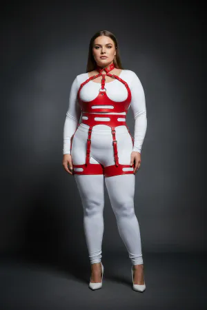 Plus Size Red Women's Harness Set with Sexy Fancy Leather Garter Detail - APFT1302