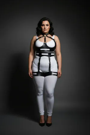 Plus Size Black Women's Leather Harness Suit Ring Detailed Body Accessory - APFT1302