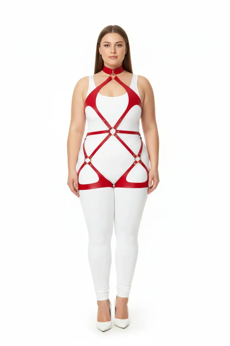 Red Vegan Leather Body Harness Front