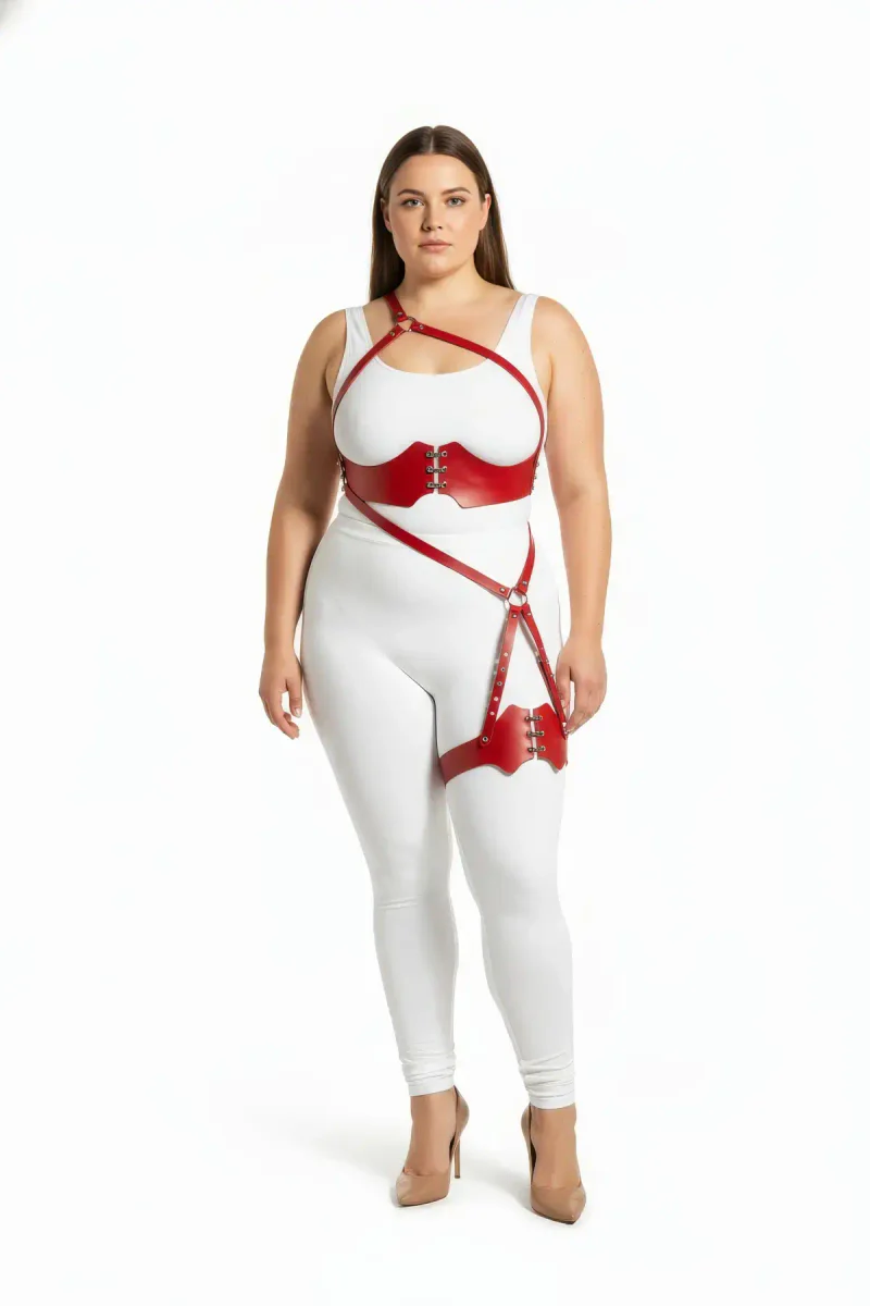 Plus Size Red Leather Harness - Adjustable Body Accessory